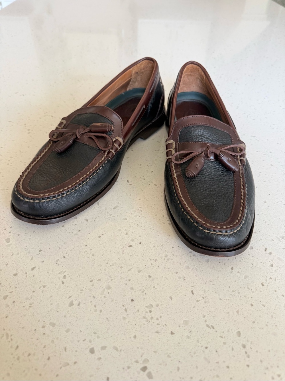 H.S. Trask Men's Two-Tone Brown and Black Leather Tassel Slip-On Loafers